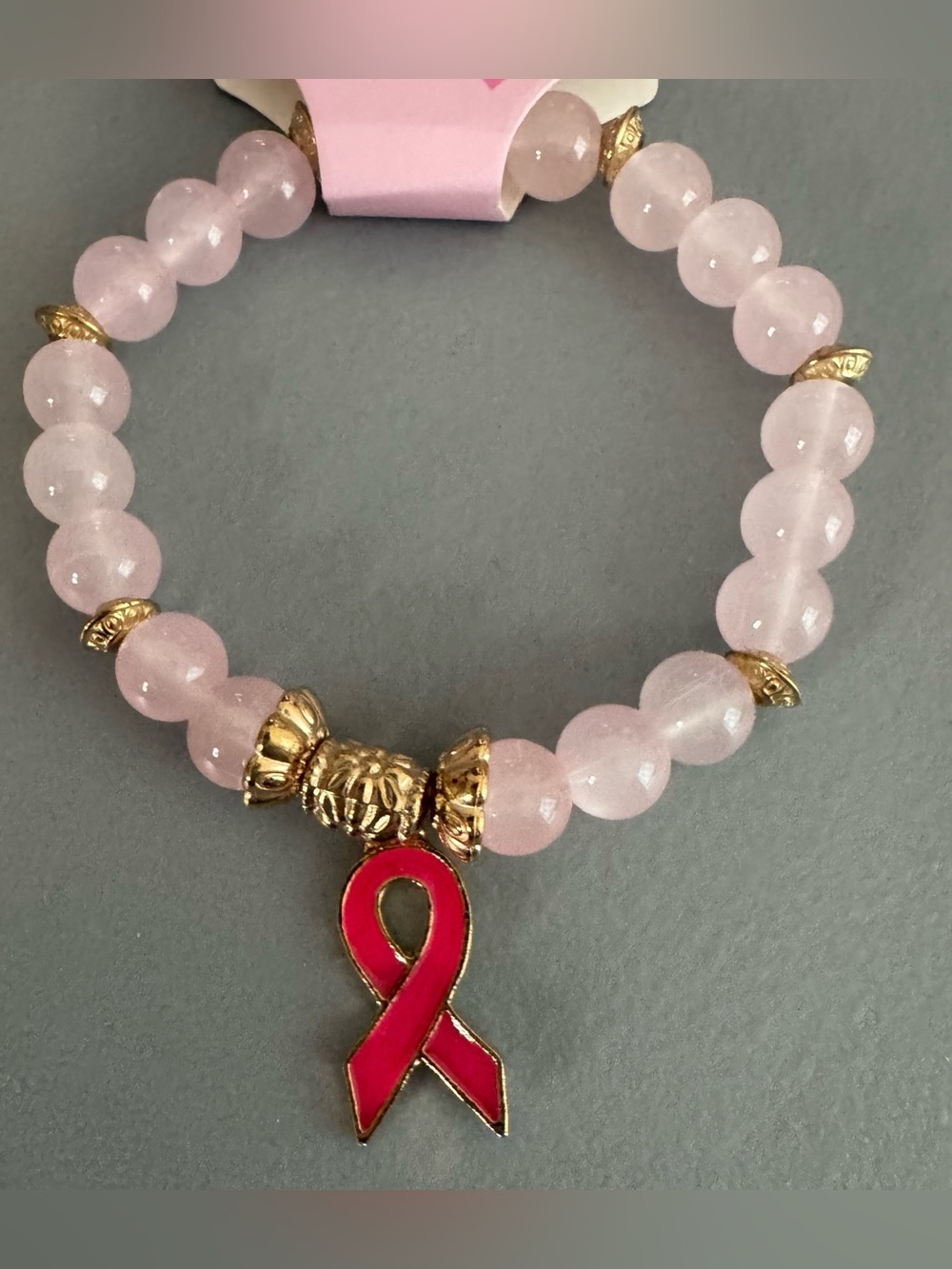 Gold Accent Pink glass bead Bracelet pink Ribbon Charm breast cancer awareness